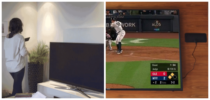 collage of a woman setting up NovaWave and a TV showing the baseball game